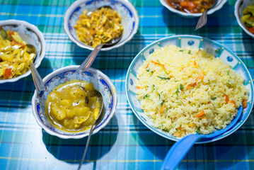 Typical Sri Lankan food rice and curry. Asian dinner or lunch.