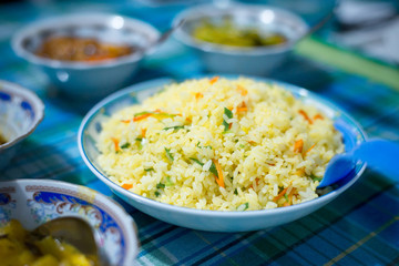 Typical Sri Lankan food rice and curry. Asian dinner or lunch.