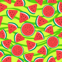 Seamless pattern surface design. Vector illustration on green striped texture background. Watermelon pieces in the shape of a round and triangular