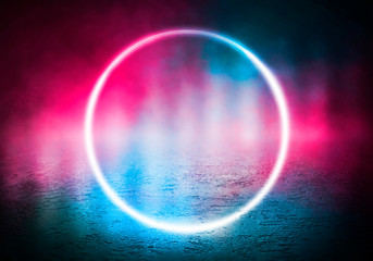 Background of empty stage, room. Reflection on wet pavement, concrete. Neon blurry lights. Neon circle figure in the center, smoke