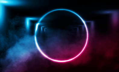 Background of empty stage, room. Reflection on wet pavement, concrete. Neon blurry lights. Neon circle figure in the center, smoke