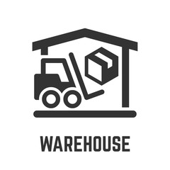 Warehouse icon with delivery service sign: storage, forklift and package glyph symbols.