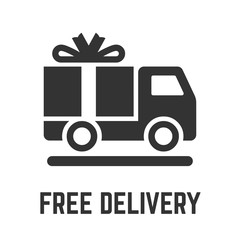 Free delivery truck icon with cargo freight lorry vehicle and gratis gift box glyph symbol.