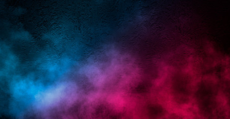 Obraz na płótnie Canvas Background of empty dark scene, room with neon lights. Concrete floor, neon blue and pink light, smoke