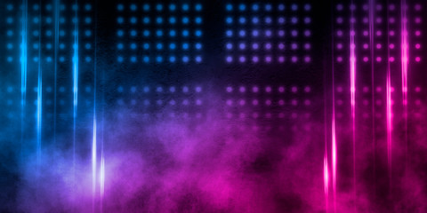 Background of empty dark scene, room with neon lights. Concrete floor, neon blue and pink light, smoke