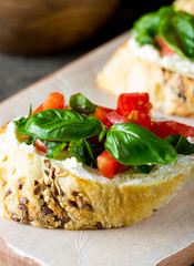 Tomato and cheese fresh made bruschetta. Italian tapas, antipasti with vegetables, herbs and oil on grilled ciabatta and baguette bread. Sandwich.