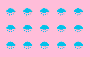 Cute blue clouds with rain drops, repeated pattern on a pink background. Seamless pattern of children cartoon-like background with light and fluffy clouds, weather or rainy days concepts.  