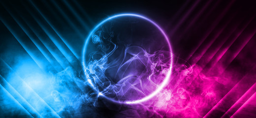 Background of empty stage, room. Reflection on wet pavement, concrete. Neon blurry lights. Neon circle figure in the center, smoke