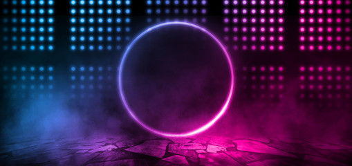 Background of empty stage, room. Reflection on wet pavement, concrete. Neon blurry lights. Neon circle figure in the center, smoke