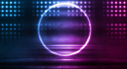 Background of empty stage, room. Reflection on wet pavement, concrete. Neon blurry lights. Neon circle figure in the center, smoke