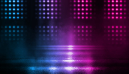 Obraz premium Background of empty dark scene, room with neon lights. Concrete floor, neon blue and pink light, smoke