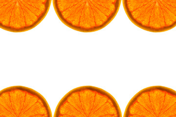 Frame made from fresh grapefruit slices on a white background with copy space in the middle. Overhead view, flatlay. Fruit background.