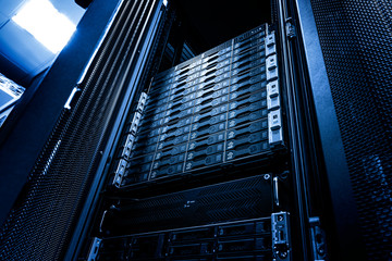 bottom view Array disk storage in data center with depth of field in cool tone. Point of view