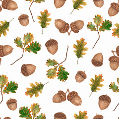 Watercolor Seamless pattern with acorns and oak leaves and branches.Beautiful autumn background in green, yellow and brawn colors.