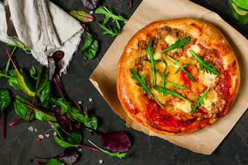  pizza, mushrooms, chicken, tomato sauce, cheese, arugula (pizza ingredients). hot pizza. Top view. copy space