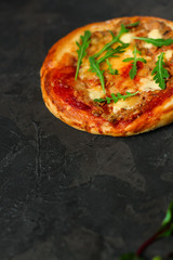  pizza, mushrooms, chicken, tomato sauce, cheese, arugula (pizza ingredients). hot pizza. Top view. copy space