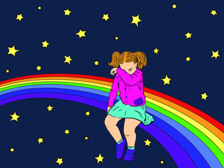 Sad kid on the rainbow. The girl was offended, sad and crying. Vector illustration