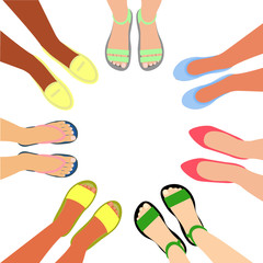 Summer footwear top view. Women different nationalities