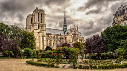 Obraz premium View of the Cathedral of Notre Dame de Paris from old city park before the storm. Paris, France.