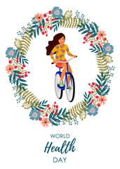 Healthy lifestyle. Vector illustration with girl on a bicycle inside a floral wreath on a white background.