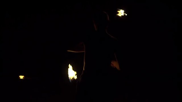 Slow Motion Open Air Fire Show At Night