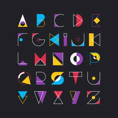 Geometrical latin font, pop art graphical decorative type.