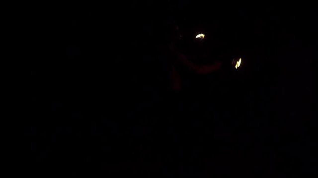 Slow Motion Fire Show Performance. Male Fire Performer Doing Fire Breathing