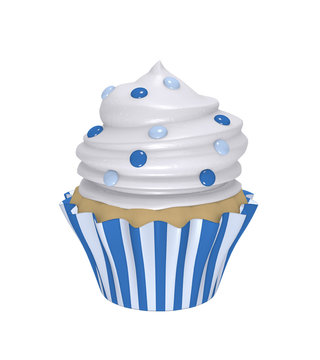leckerer Cupcake in blau-weiß gestreiften Förmchen mit Sahnehaube und blauen Smarties.