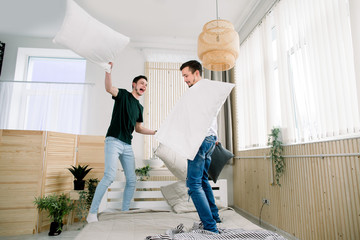 Picture showing happy gay couple having pillow fight