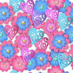 Seamless pattern paper cut flowers and hearts