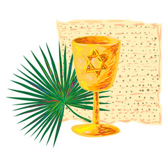 Happy Passover background traditional matza and wine gold cup, palm leaf symbols of Jewish holiday