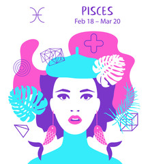 Fish to Pisces of zodiac and horoscope concept, vector art, illustration. Beautiful girl silhouette. Astrological sign as a beautiful women. Future telling, horoscope, alchemy, spirituality, occultism