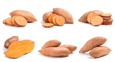 Set of ripe sweet potatoes on white background