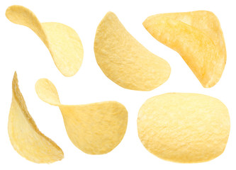 Set of fried crispy potato chips on white background