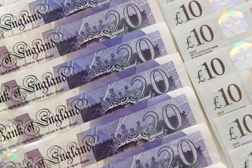 Closed up of pound sterling banknotes. United Kingdom currency