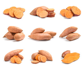 Set of ripe sweet potatoes on white background