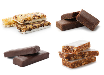 Set of different sweet protein bars on white background