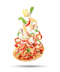 Gordijnen Delicious pizza with tomatoes and sausages on white background © New Africa