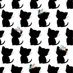 Seamless vector pattern with cute black cat silhouettes on black background. Monochrome kids design. Kitten with flowers on head. For kids room decor, children fabric,  girl decoration card, nursery