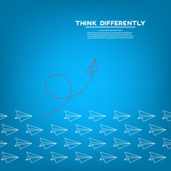 Think differently concept. Red airplane changing direction. Vector illustration	