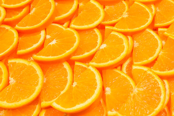 Slices of oranges as a background, top view.
