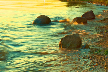 Bank of the Volga River at sunset. Kostroma, Russia.