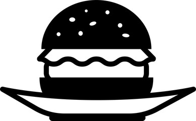 Icon front view of a black hamburger with lettuce and chop on a plate