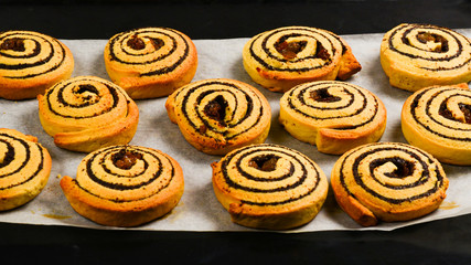 Baked cookies with raisins and poppy seeds on a trail.