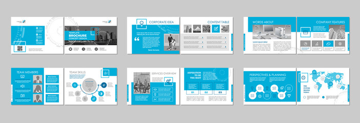 Brochure creative design. Multipurpose template with cover, back and inside pages. Trendy minimalist flat geometric design. Horizontal landscape a4 format.