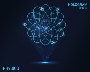 Physics of the hologram. Digital and technological background atoms. Futuristic physics design.