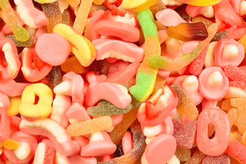 Assorted gummy candies. Top view. Jelly  sweets.