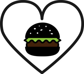 Colored icon love black hamburger with salad and chop
