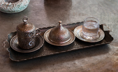 Freshly brewed coffee in the Middle East. Traditional coffee in Turkey.