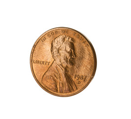 Shiny USA one cent coin on white background